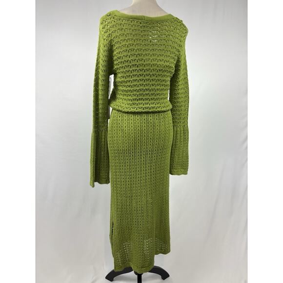 C&C California Knit Crochet Dress Green Size Medium Lined Bell Sleeves - Picture 2 of 14